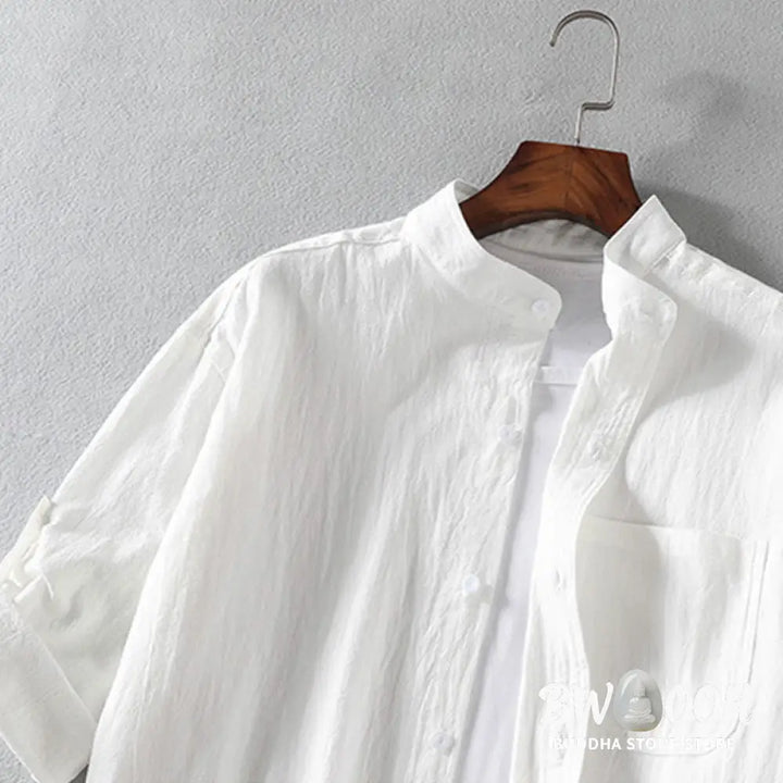 Buddha Stones Vintage Casual Plain Single Breasted Three Quarter Sleeve Men’s Cotton Linen Shirt With Pocket - Men’s