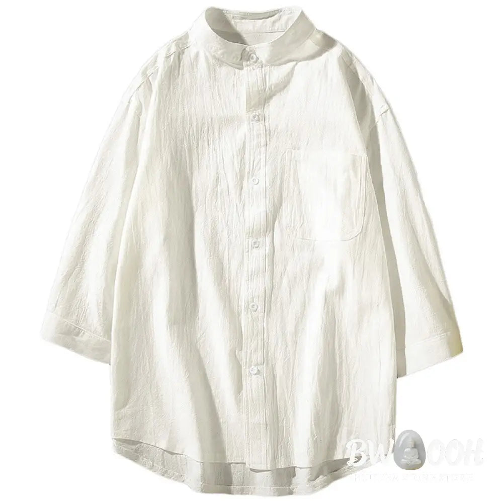 Buddha Stones Vintage Casual Plain Single Breasted Three Quarter Sleeve Men’s Cotton Linen Shirt With Pocket - Men’s