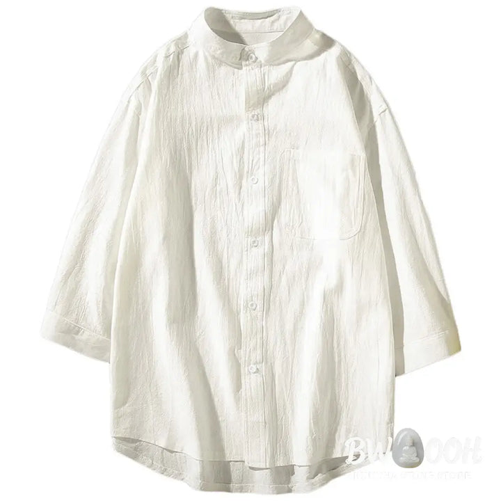 Buddha Stones Vintage Casual Plain Single Breasted Three Quarter Sleeve Men’s Cotton Linen Shirt With Pocket - Men’s