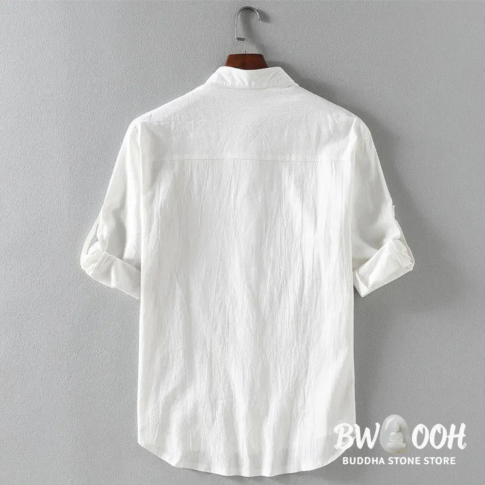 Buddha Stones Vintage Casual Plain Single Breasted Three Quarter Sleeve Men’s Cotton Linen Shirt With Pocket - Men’s