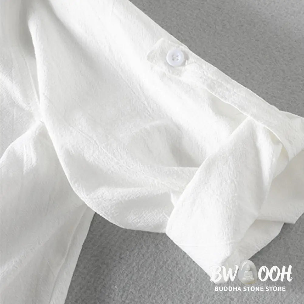 Buddha Stones Vintage Casual Plain Single Breasted Three Quarter Sleeve Men’s Cotton Linen Shirt With Pocket - Men’s