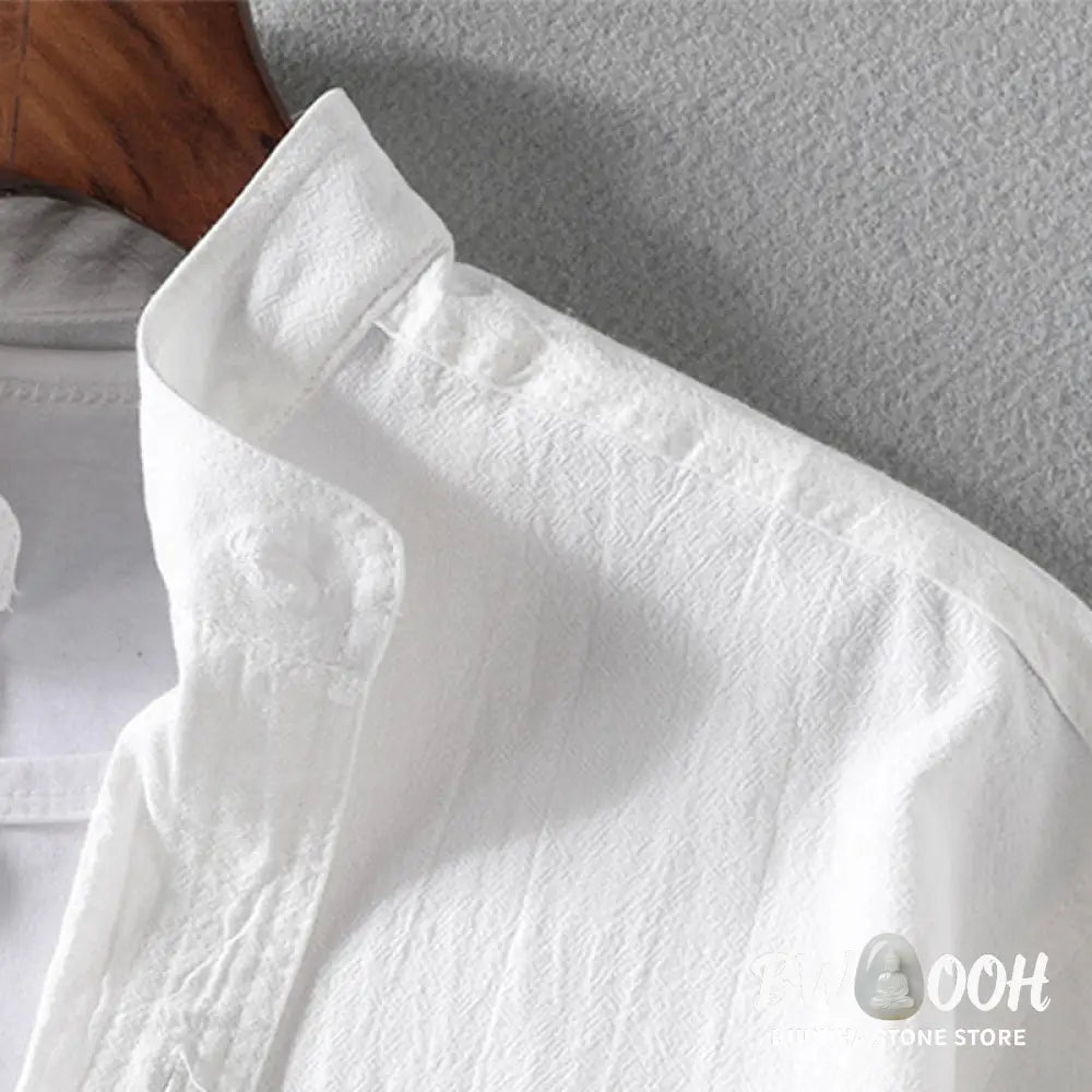 Buddha Stones Vintage Casual Plain Single Breasted Three Quarter Sleeve Men’s Cotton Linen Shirt With Pocket - Men’s