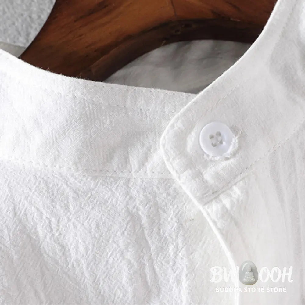 Buddha Stones Vintage Casual Plain Single Breasted Three Quarter Sleeve Men’s Cotton Linen Shirt With Pocket - Men’s