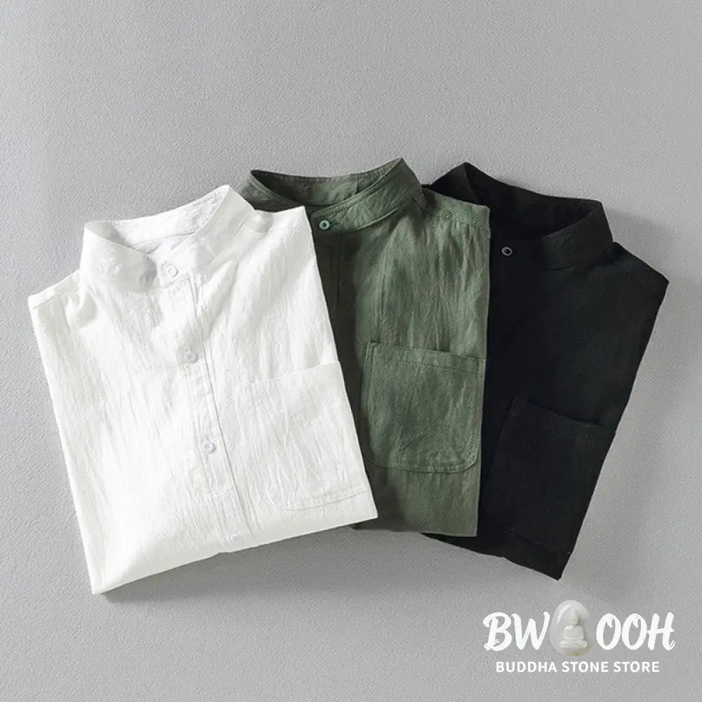 Buddha Stones Vintage Casual Plain Single Breasted Three Quarter Sleeve Men’s Cotton Linen Shirt With Pocket - Men’s