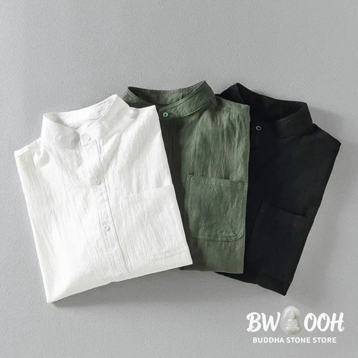 Buddha Stones Vintage Casual Plain Single Breasted Three Quarter Sleeve Men’s Cotton Linen Shirt With Pocket - Men’s