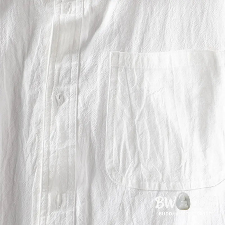 Buddha Stones Vintage Casual Plain Single Breasted Three Quarter Sleeve Men’s Cotton Linen Shirt With Pocket - Men’s
