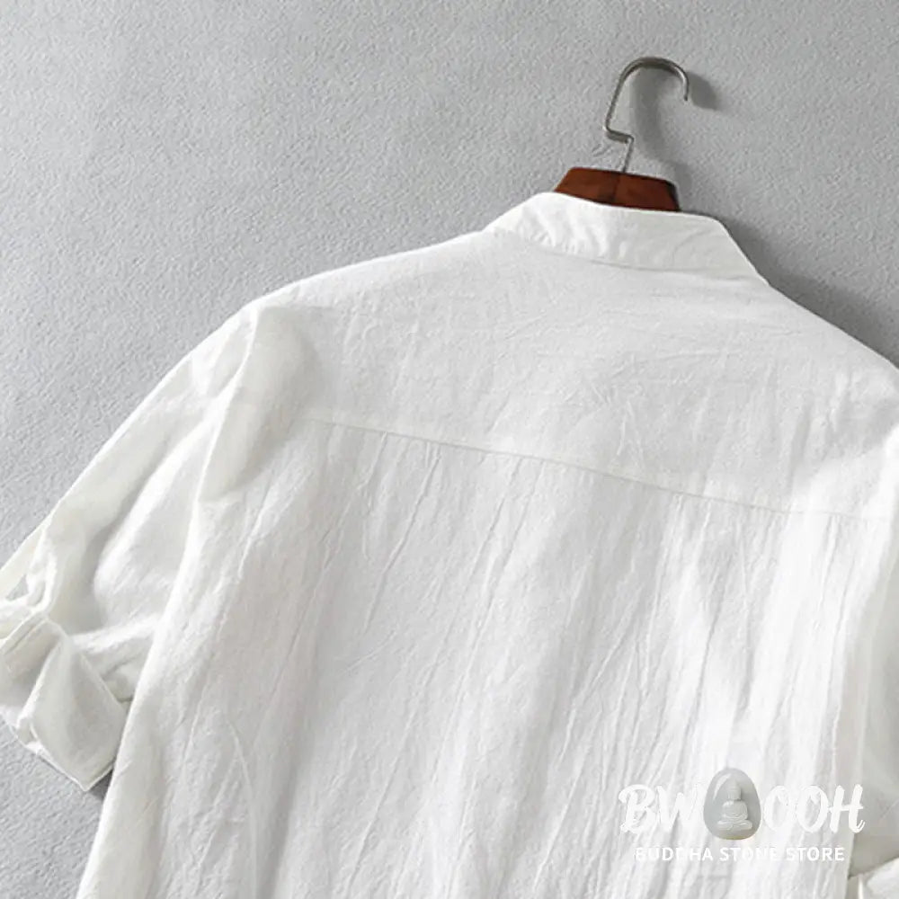 Buddha Stones Vintage Casual Plain Single Breasted Three Quarter Sleeve Men’s Cotton Linen Shirt With Pocket - Men’s