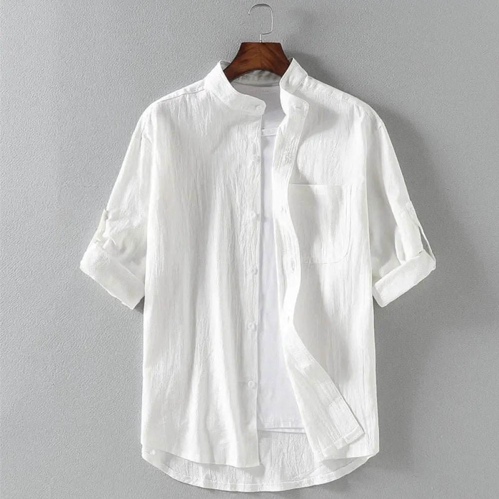 Buddha Stones Vintage Casual Plain Single Breasted Three Quarter Sleeve Men’s Cotton Linen Shirt With Pocket - White