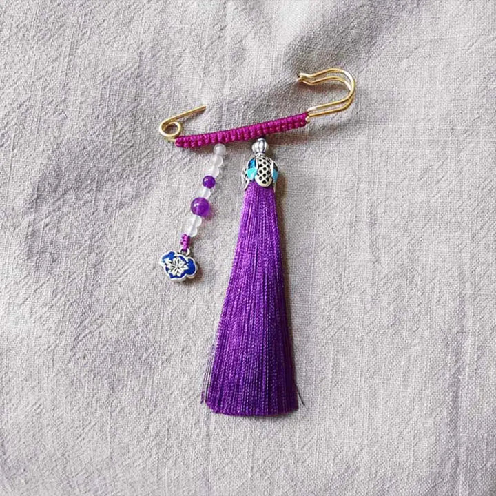 Buddha Stones Vintage Chalcedony Beads Tassels Positive Brooch - Dark Purple - Brooch