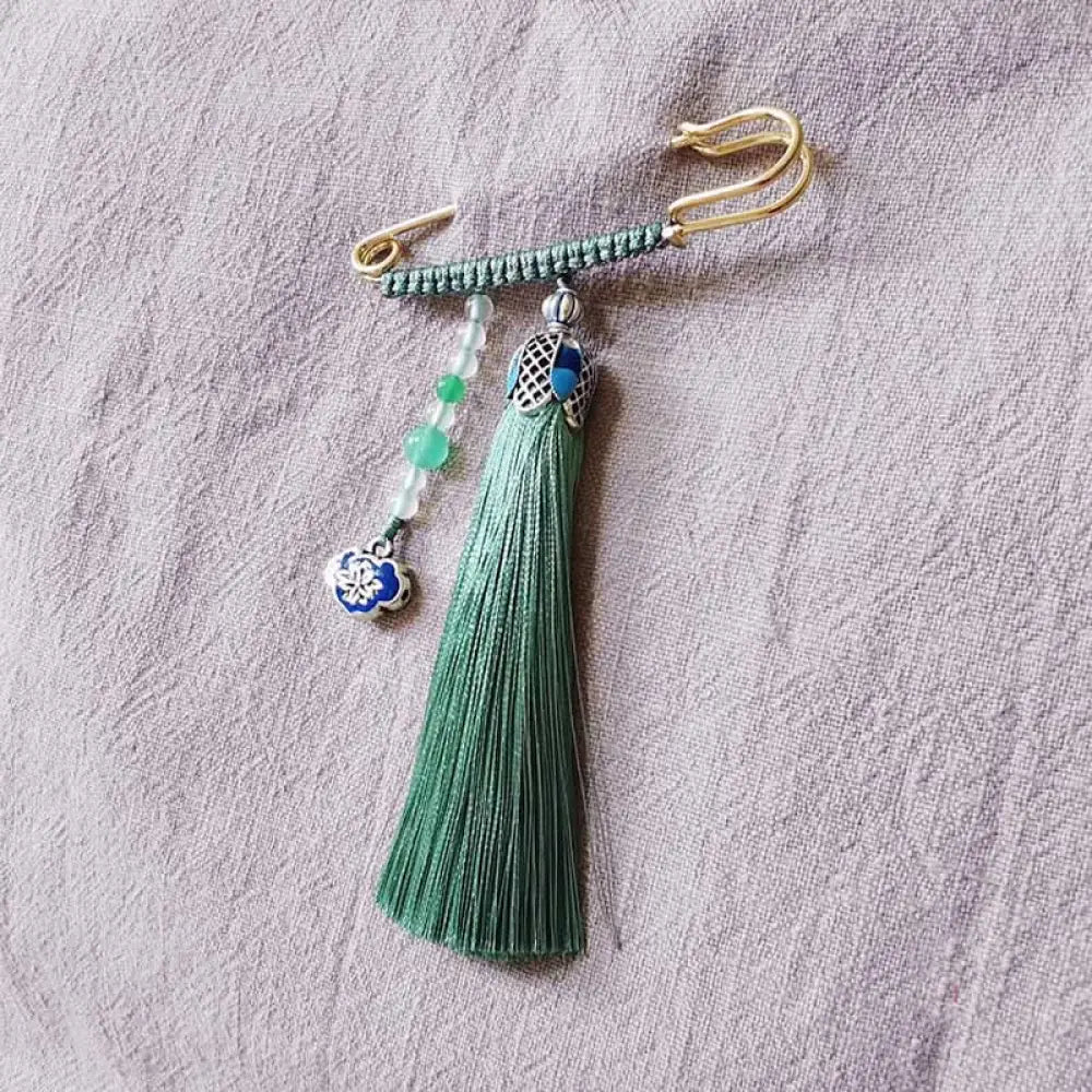 Buddha Stones Vintage Chalcedony Beads Tassels Positive Brooch - Green - Brooch