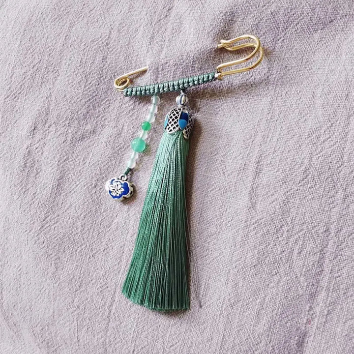 Buddha Stones Vintage Chalcedony Beads Tassels Positive Brooch - Green - Brooch