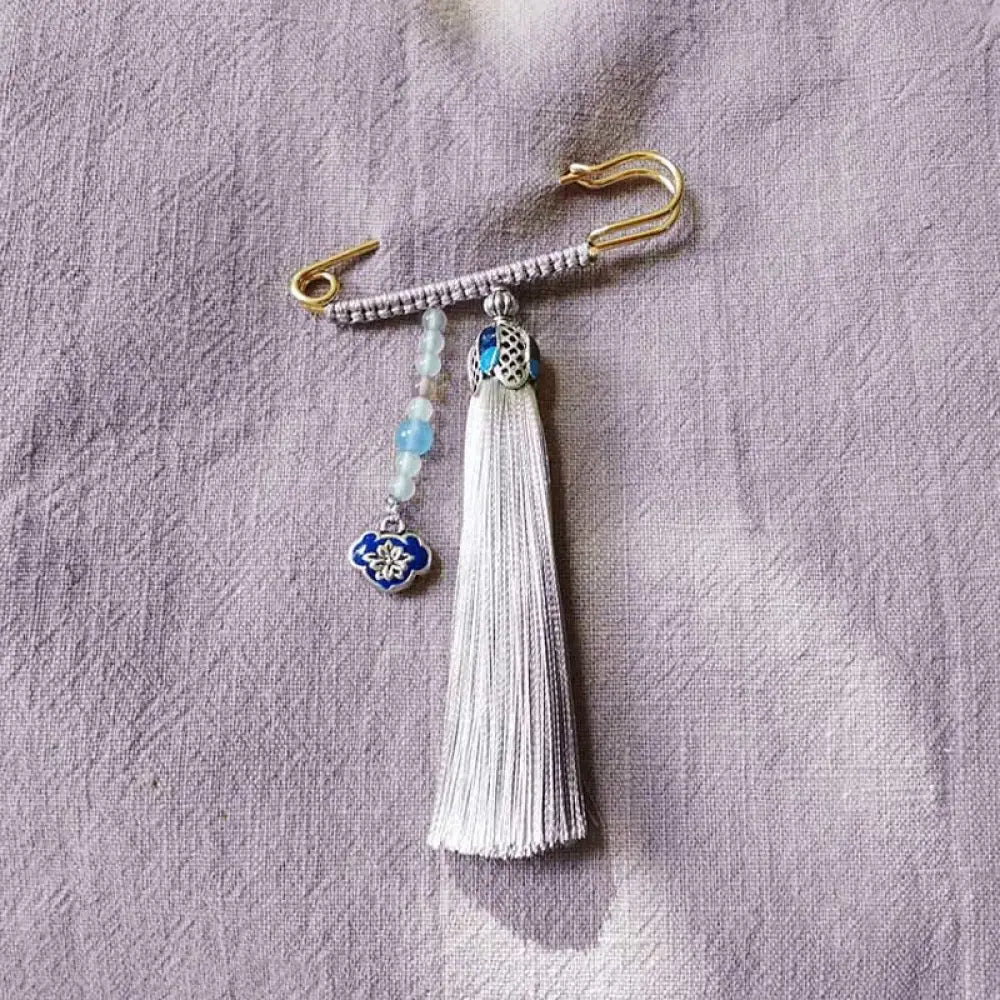 Buddha Stones Vintage Chalcedony Beads Tassels Positive Brooch - Light Gray - Brooch