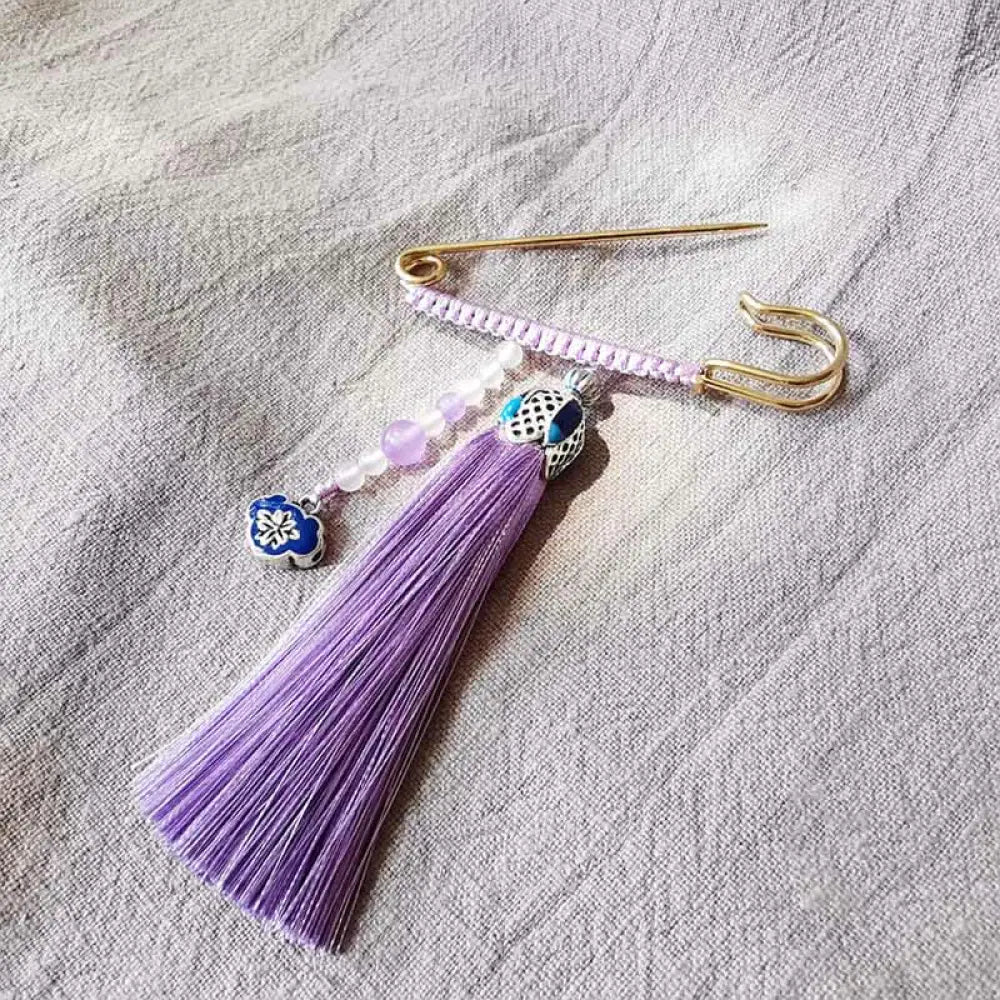 Buddha Stones Vintage Chalcedony Beads Tassels Positive Brooch - Light Purple - Brooch