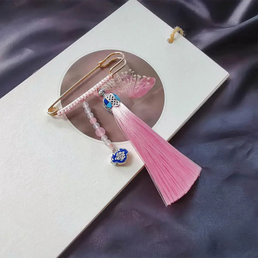 Buddha Stones Vintage Chalcedony Beads Tassels Positive Brooch - Pink - Brooch