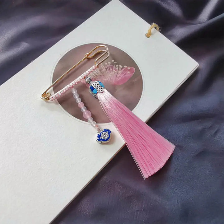 Buddha Stones Vintage Chalcedony Beads Tassels Positive Brooch - Pink - Brooch