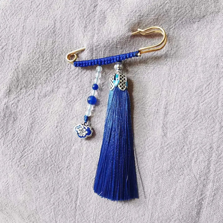 Buddha Stones Vintage Chalcedony Beads Tassels Positive Brooch - Royal Blue - Brooch
