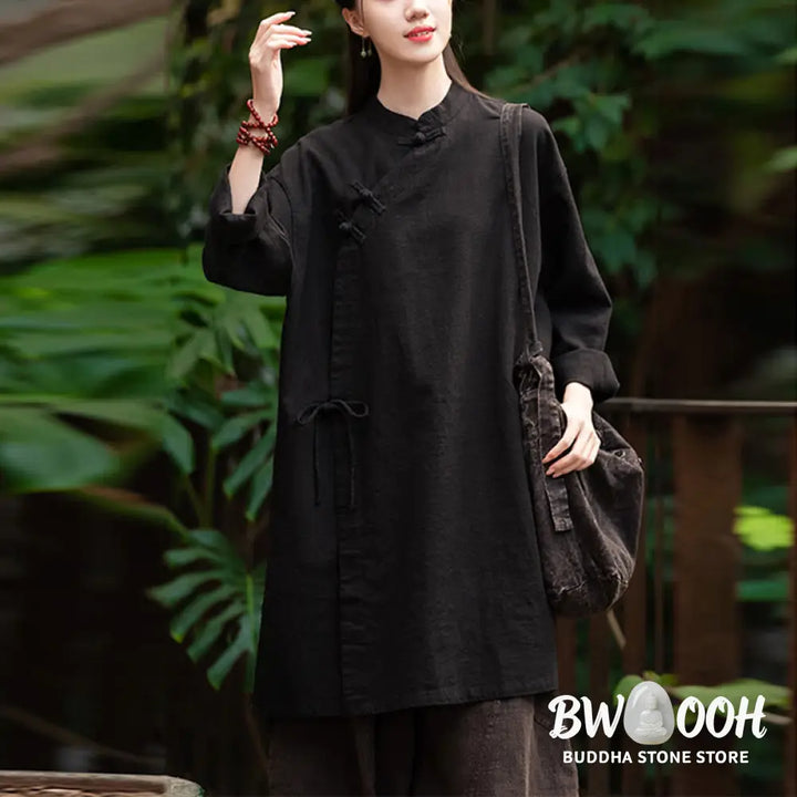 Buddha Stones Vintage Cotton Linen Blouse Women Long Sleeve Shirt Chinese Hanfu Top - Long Sleeve Shirt