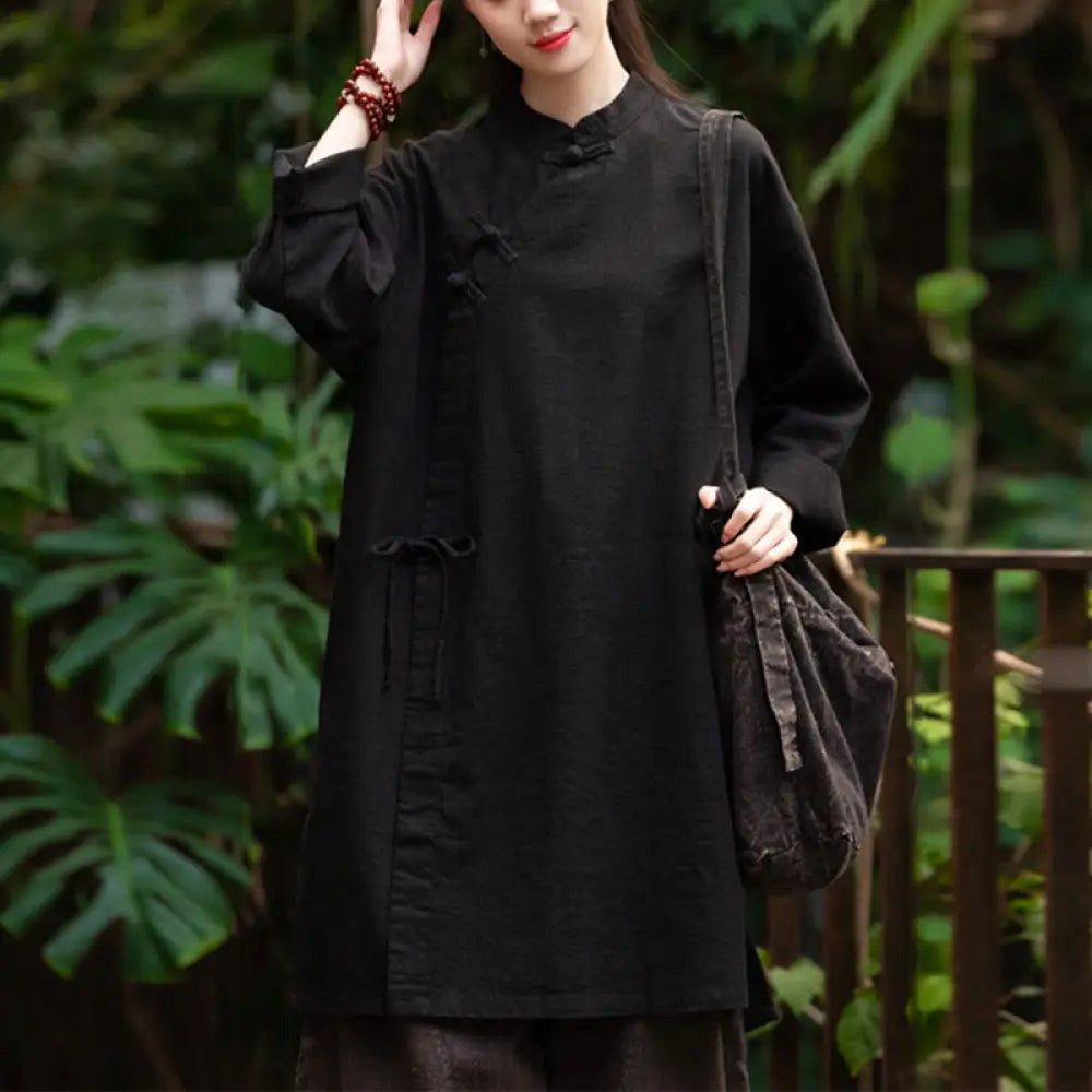 Buddha Stones Vintage Cotton Linen Blouse Women Long Sleeve Shirt Chinese Hanfu Top - Black(Bust 130cm)(Top Only)