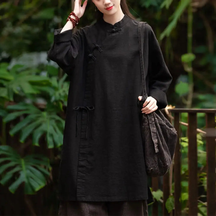 Buddha Stones Vintage Cotton Linen Blouse Women Long Sleeve Shirt Chinese Hanfu Top - Black(Bust 130cm)(Top Only)