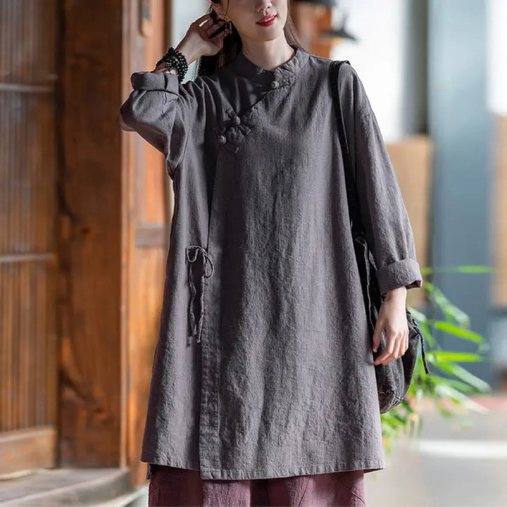 Buddha Stones Vintage Cotton Linen Blouse Women Long Sleeve Shirt Chinese Hanfu Top - Gray(Bust 130cm)(Top Only) - Long