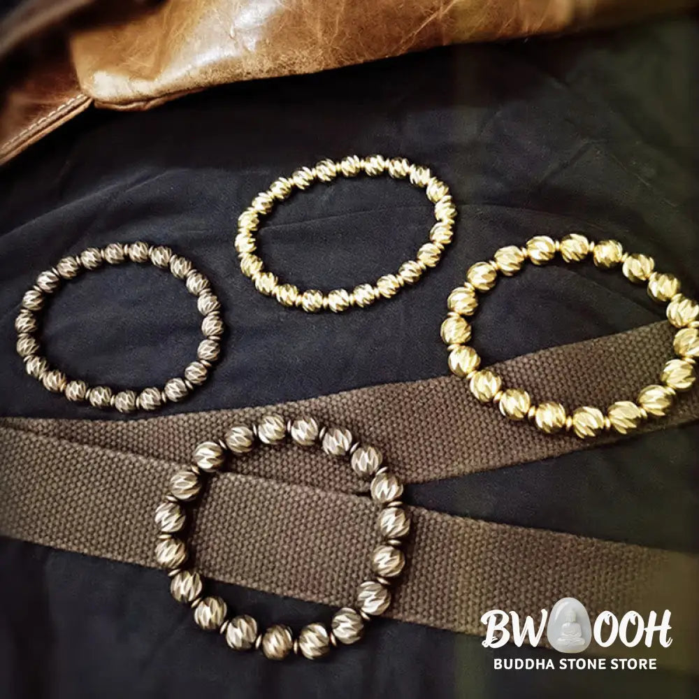 Buddha Stones Vintage Distressed Knife Carving Pattern Copper Brass Beads Wealth Bracelet - BWOOOH - Bracelet