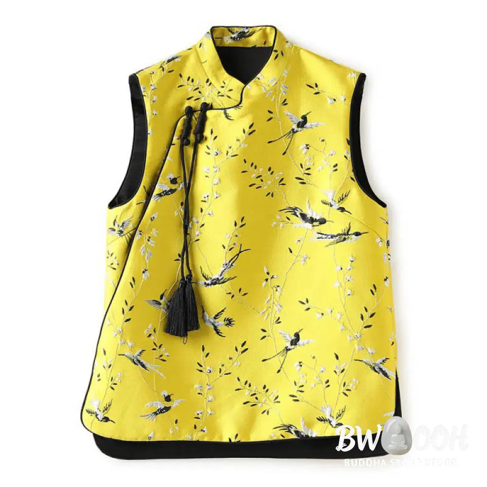 Buddha Stones Vintage Embroidery Crane Plants Pattern Knot Button Vest - Waistcoat