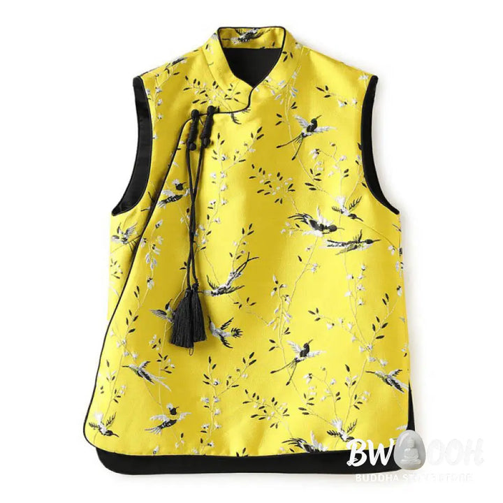 Buddha Stones Vintage Embroidery Crane Plants Pattern Knot Button Vest - Waistcoat