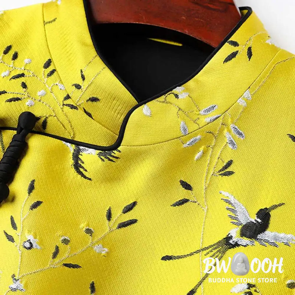 Buddha Stones Vintage Embroidery Crane Plants Pattern Knot Button Vest - Waistcoat