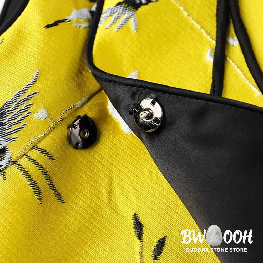 Buddha Stones Vintage Embroidery Crane Plants Pattern Knot Button Vest - Waistcoat