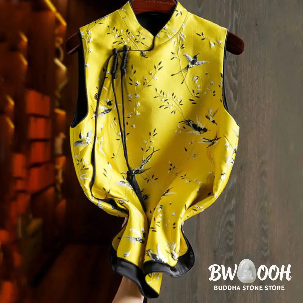 Buddha Stones Vintage Embroidery Crane Plants Pattern Knot Button Vest - Waistcoat