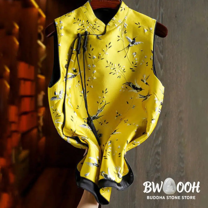 Buddha Stones Vintage Embroidery Crane Plants Pattern Knot Button Vest - Waistcoat