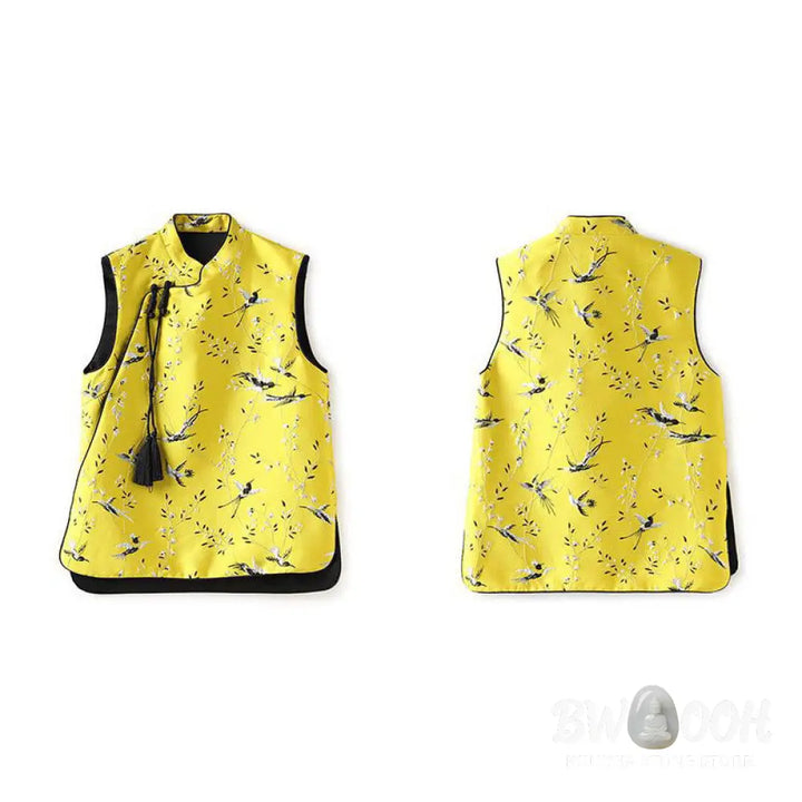 Buddha Stones Vintage Embroidery Crane Plants Pattern Knot Button Vest - Waistcoat