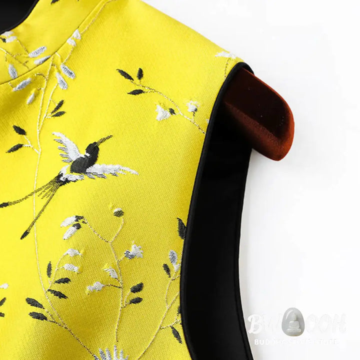 Buddha Stones Vintage Embroidery Crane Plants Pattern Knot Button Vest - Waistcoat