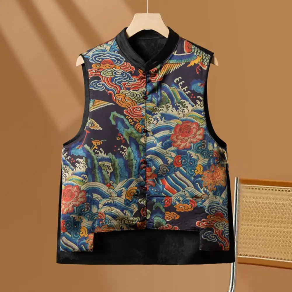 Buddha Stones Vintage Embroidery Flower Cloud Pattern Vest - Blue / US6，UK/AU10，EU38 (XL) - Waistcoat
