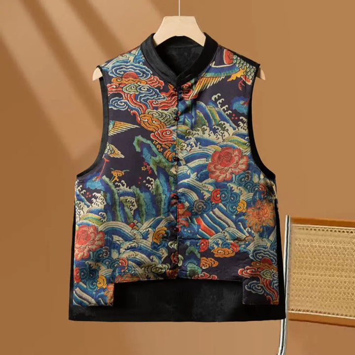 Buddha Stones Vintage Embroidery Flower Cloud Pattern Vest - Blue / US6，UK/AU10，EU38 (XL) - Waistcoat