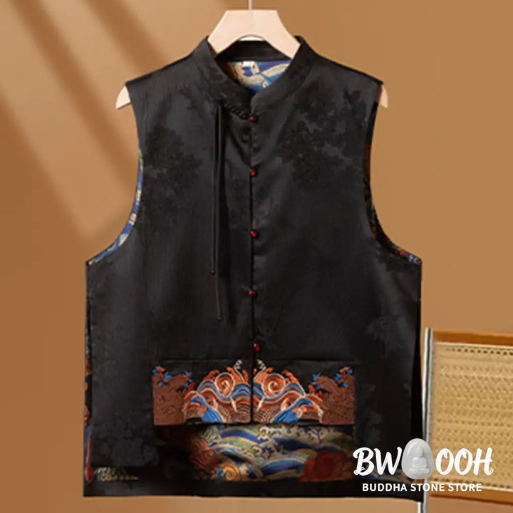 Buddha Stones Vintage Embroidery Flower Cloud Pattern Vest - Waistcoat
