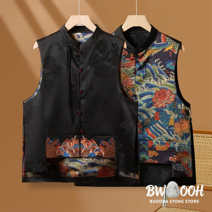 Buddha Stones Vintage Embroidery Flower Cloud Pattern Vest - Waistcoat