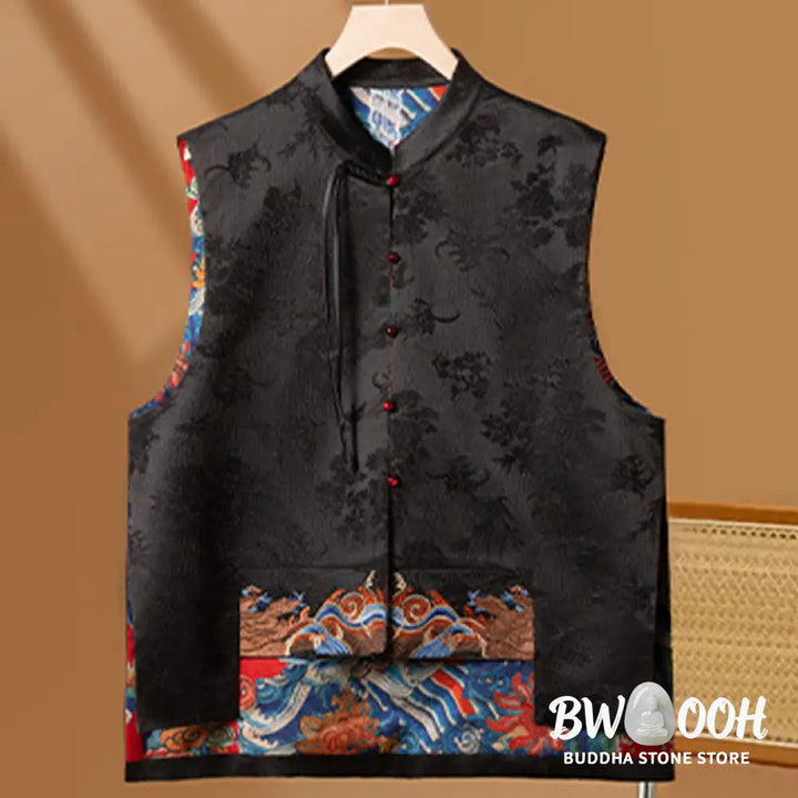Buddha Stones Vintage Embroidery Flower Cloud Pattern Vest - Waistcoat
