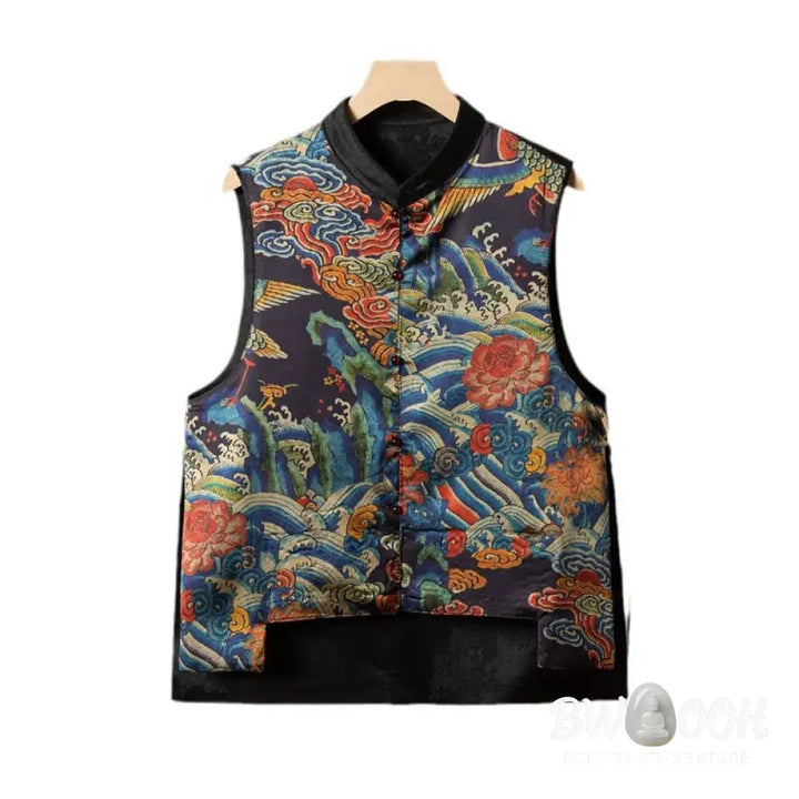 Buddha Stones Vintage Embroidery Flower Cloud Pattern Vest - Waistcoat
