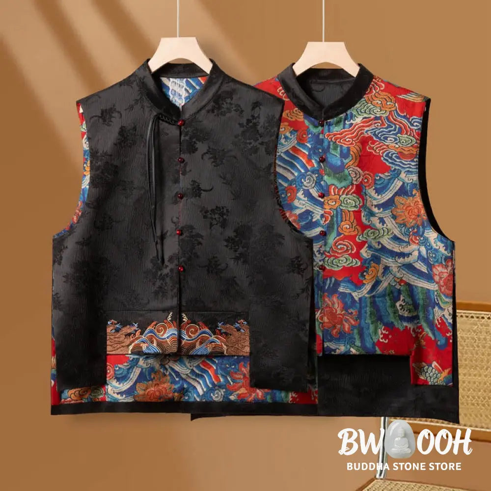 Buddha Stones Vintage Embroidery Flower Cloud Pattern Vest - Waistcoat