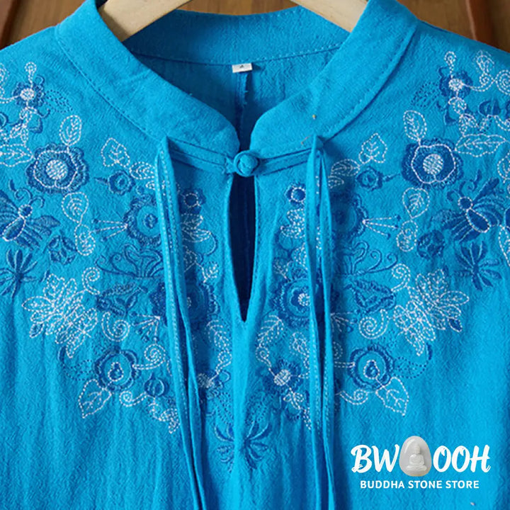 Buddha Stones Vintage Embroidery Frog-button Half Sleeve High Waist Cotton Linen Women’s Midi Dress - Midi Dress