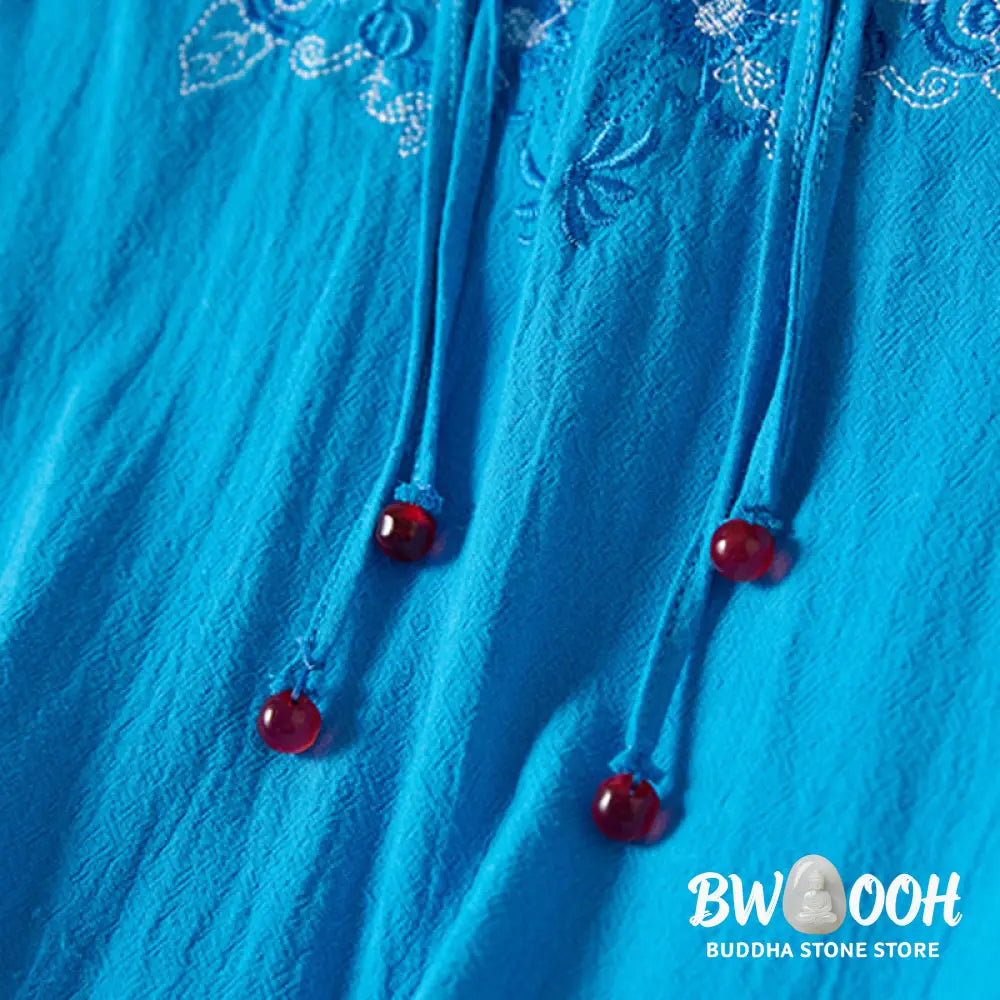 Buddha Stones Vintage Embroidery Frog-button Half Sleeve High Waist Cotton Linen Women’s Midi Dress - Midi Dress