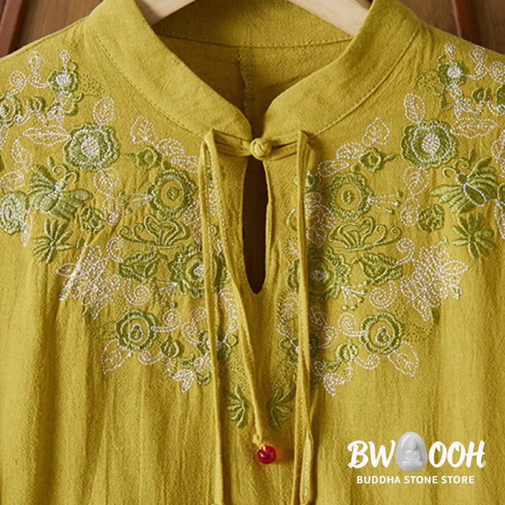 Buddha Stones Vintage Embroidery Frog-button Half Sleeve High Waist Cotton Linen Women’s Midi Dress - Midi Dress
