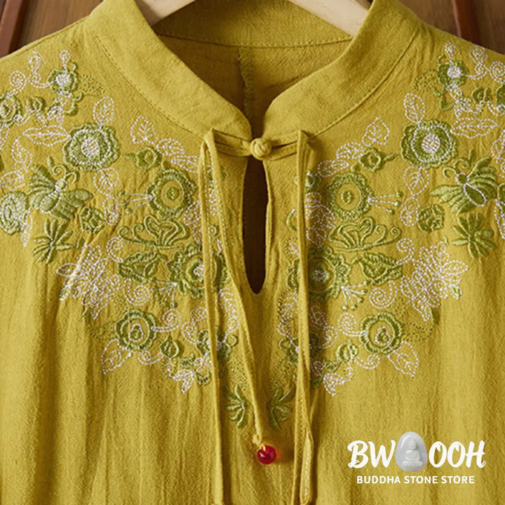 Buddha Stones Vintage Embroidery Frog-button Half Sleeve High Waist Cotton Linen Women’s Midi Dress - Midi Dress