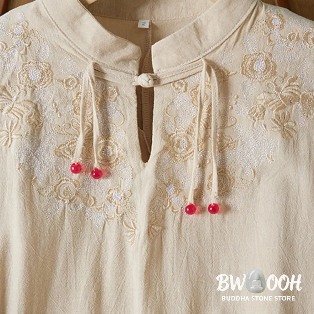 Buddha Stones Vintage Embroidery Frog-button Half Sleeve High Waist Cotton Linen Women’s Midi Dress - Midi Dress