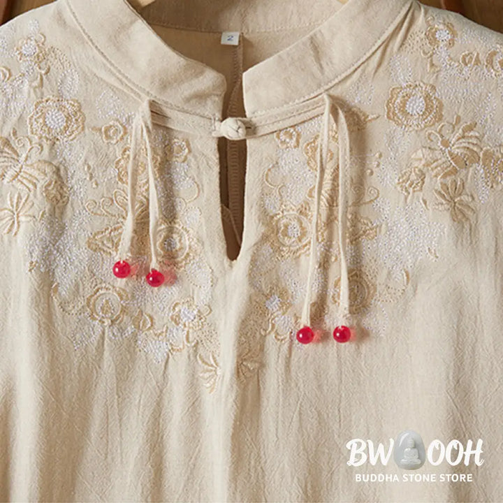 Buddha Stones Vintage Embroidery Frog-button Half Sleeve High Waist Cotton Linen Women’s Midi Dress - Midi Dress