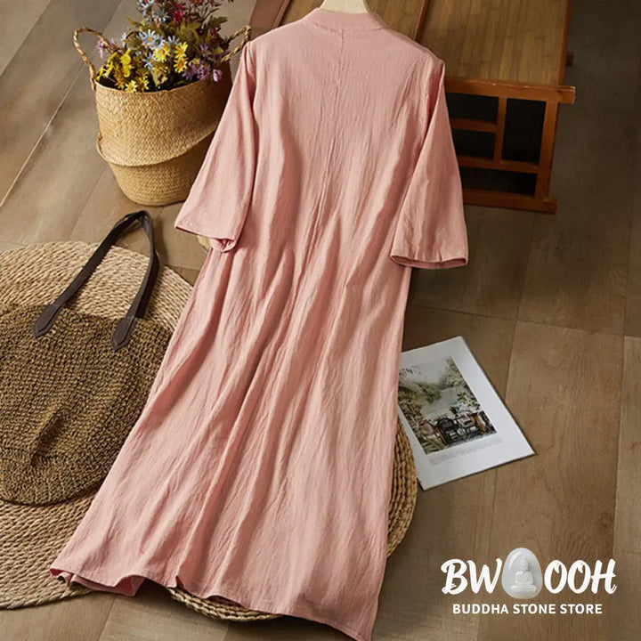 Buddha Stones Vintage Embroidery Frog-button Half Sleeve High Waist Cotton Linen Women’s Midi Dress - Midi Dress