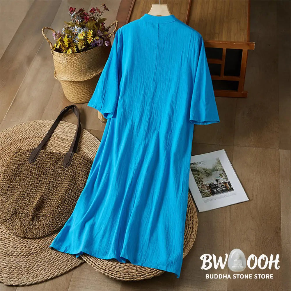 Buddha Stones Vintage Embroidery Frog-button Half Sleeve High Waist Cotton Linen Women’s Midi Dress - Midi Dress