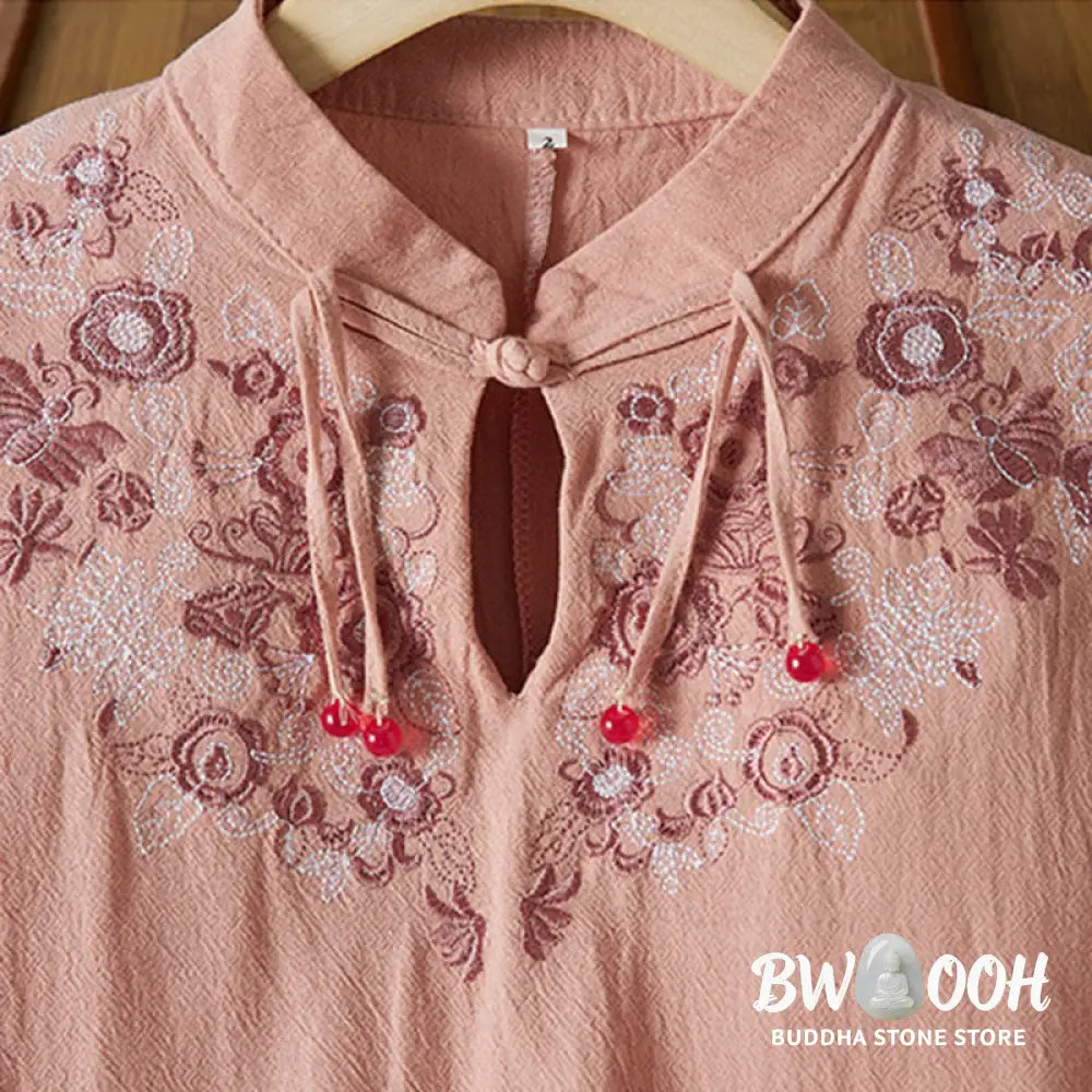 Buddha Stones Vintage Embroidery Frog-button Half Sleeve High Waist Cotton Linen Women’s Midi Dress - Midi Dress