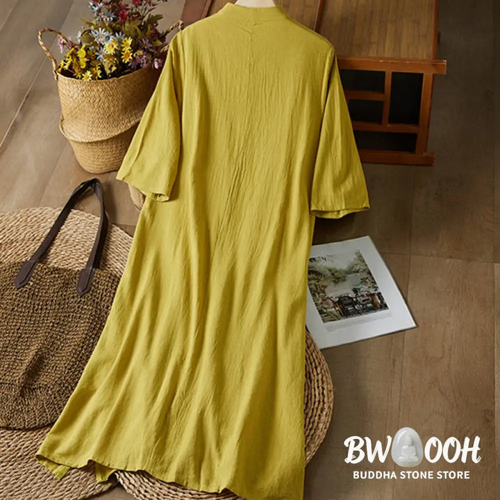 Buddha Stones Vintage Embroidery Frog-button Half Sleeve High Waist Cotton Linen Women’s Midi Dress - Midi Dress
